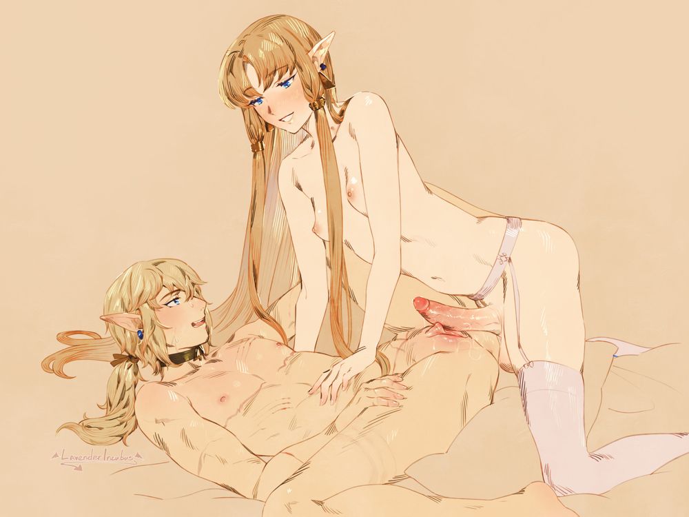 A transmasc Link and transfem Zelda, with Link on the bottom wearing a collar. (These versions of Link and Zelda are supposed to be a mix of their appearances in different games.) I drew this in a different style than usual, and there's some things I want to change about it now, but I still like it :3