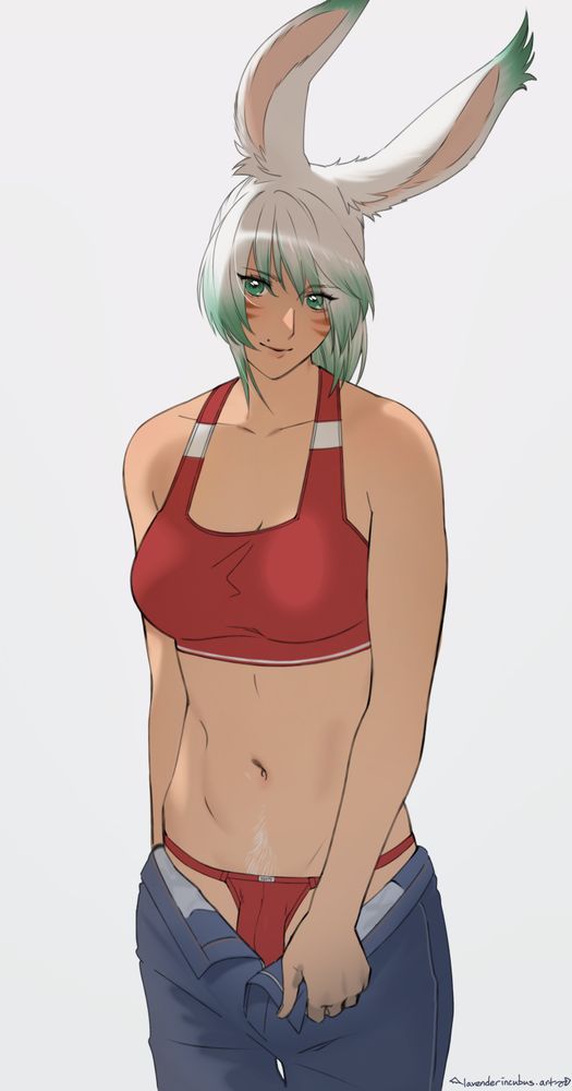 A transfeminine Viera character from FFXIV wearing a matching set of sporty red underwear and pulling down their unbuttoned jeans