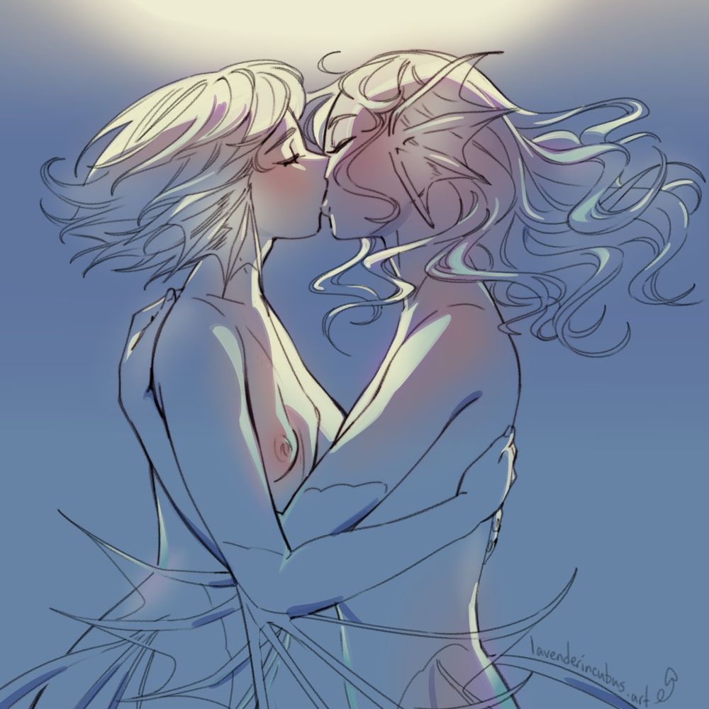 A digital sketch with some color washing and simple shading. Two women (mermaids) kissing and embracing underwater. They both have fin-like ears and big fins on their elbows, as well as ones stemming from their hips which are just out of sight. They have a line of scales that reach up just past their elbows and hips.