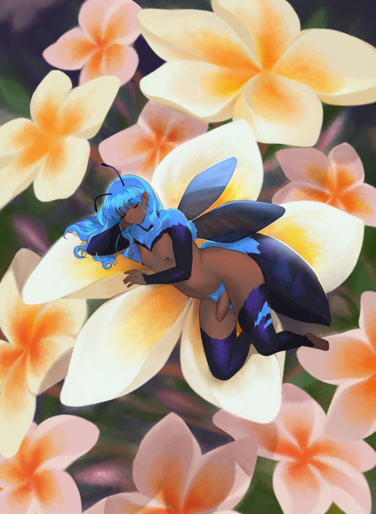 a transfem cerulean carpenter beegirl dozing on top of some plumeria flowers
