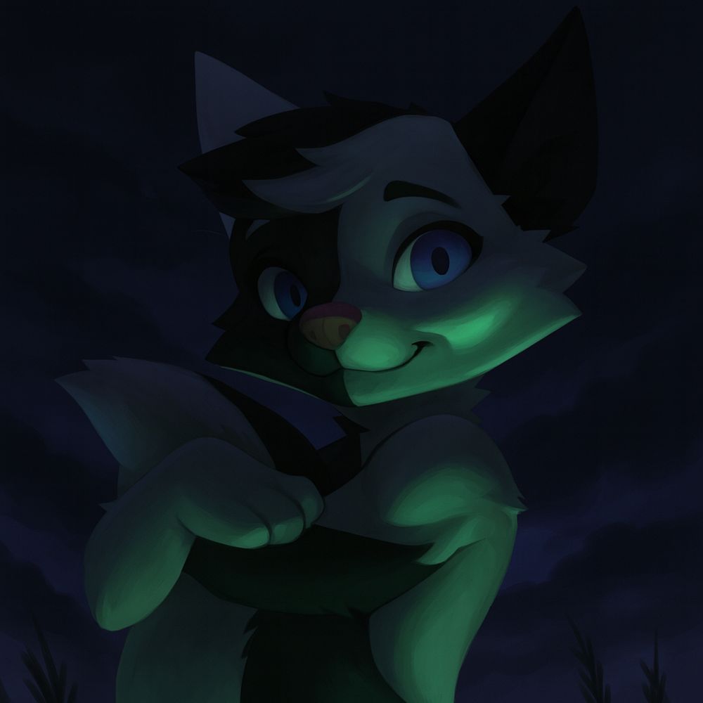 Anthropomorphe schwarz-weißer Hund mit blauen Augen, von unten grünlich-spukhaft beleuchtet vor dunklem Nachthimmel.