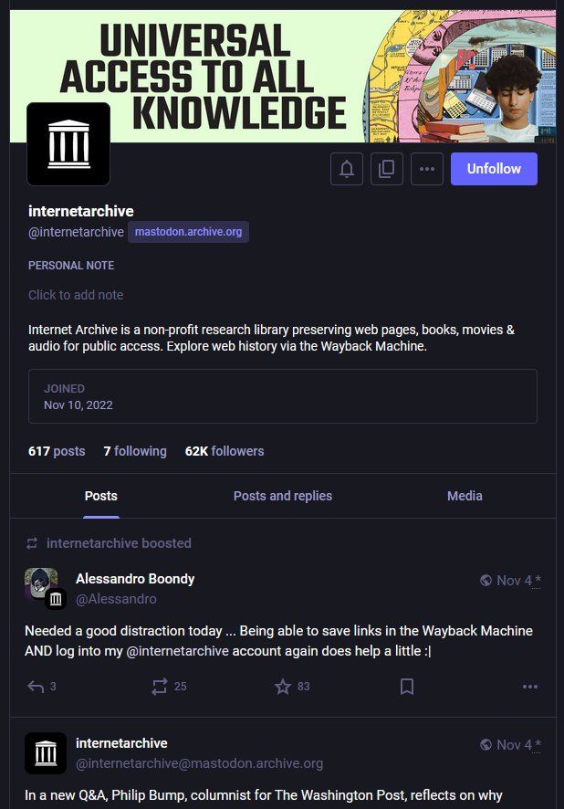 Screenshot of the Internet Archive's Mastodon timeline