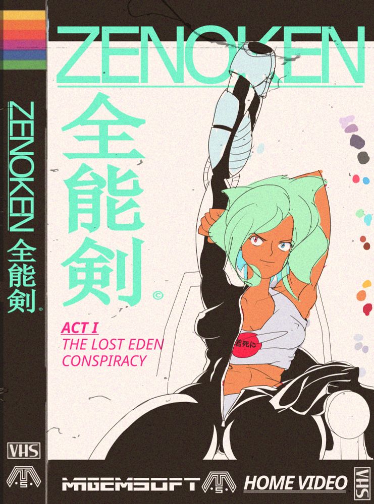 The Main Character of Zenoken, Alex, is sitting reclined in a high backed chair. He right arm s stretched out toward the ceiling in a deep stretch while her left hand props up her head from behind. She's wearing her basic 'cat suit' without the additional environmental armor. it's unzipped down to her lower waist with the left half of the suit taken off and clumped up over the arm of the office like chair. She has a short cropped tank top with a Japanese red sun circle emblem on the front. The composition is supposed to harken back to an 80s VHS retro aesthetic, like an old OVA tape.