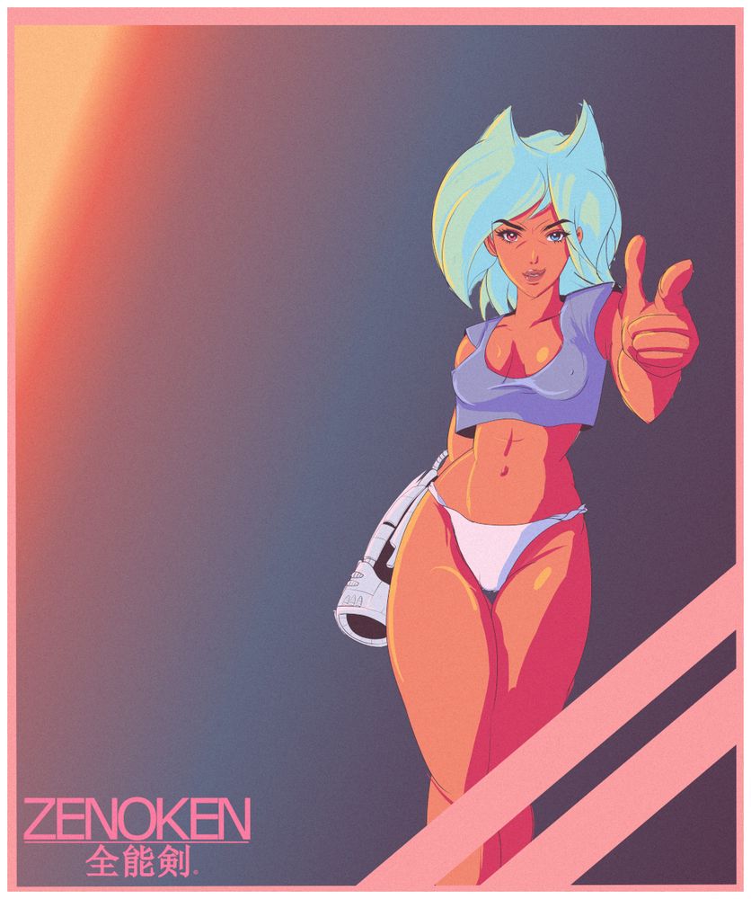 Drawing in an anime style of the main character in Zenoken. It's fully inked and largely finished with the color application. Shading still needs to be smoothed out here and there. A tall woman with mint green hair, an alien cannon on one arm, who's making finger guns with her other hand and pointing it at the viewer. She has a wry grin. Her eyes are also 2 different colors. She's wearing a cropped gray sweat shirt and white underwear. The Background is a generic gradient with a subtle peach hue/light across the image.