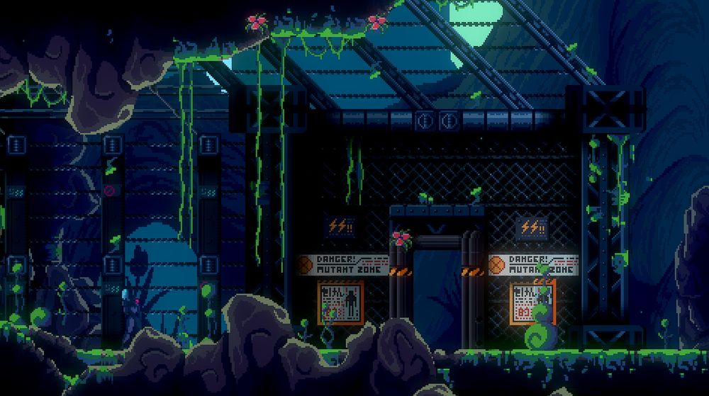 Screenshot of an alien jungle-esque scene with an electrified high security gate keeping something out...or keeping something in. 