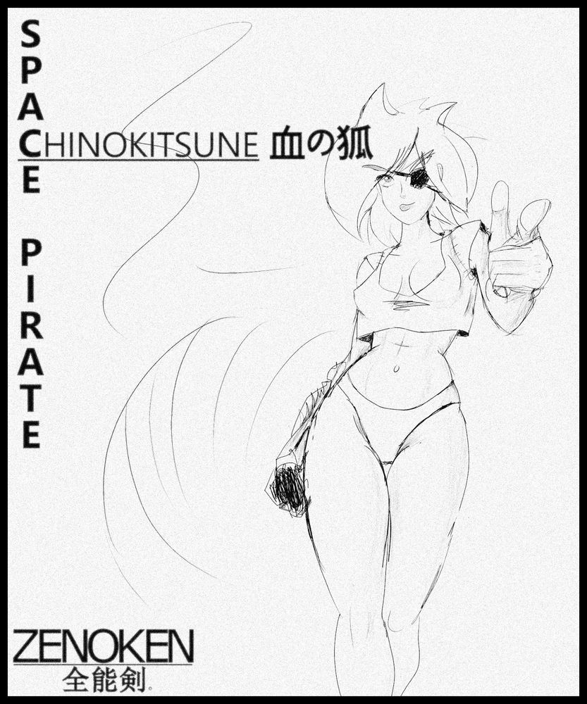 Anime styled sketch of a women with an eye patch,big hair, a tucked away arm cannon resting at her side, and her free arm making a finger gun at the hypothetical camera. She's wearing a loose cropped sweatshirt and underwear.