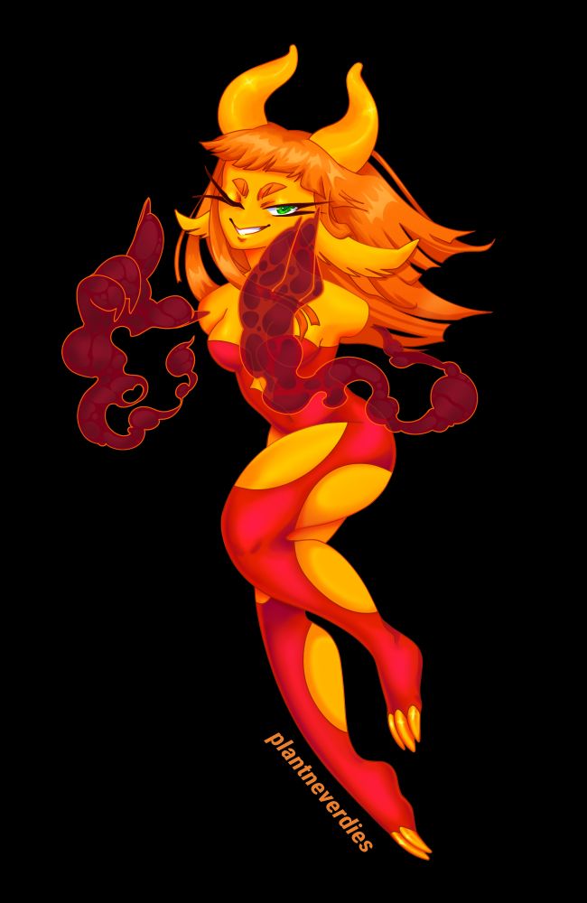 Character with horns, orange hair and hands made of smoke. Dressed in skin tight red clothing. Winks and smiles.