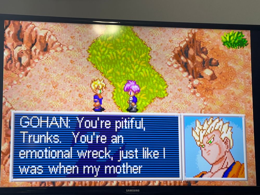 GOHAN: You’re pitiful, Trunks. You’re an emotional wreck, just like I was when my mother [cuts off]