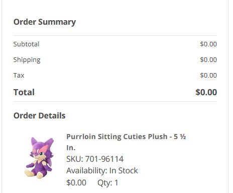 PokemonCenter.com order summary for a Purroin Sitting Cuties Plush - 5 1/2 inch. The order total is $0.00