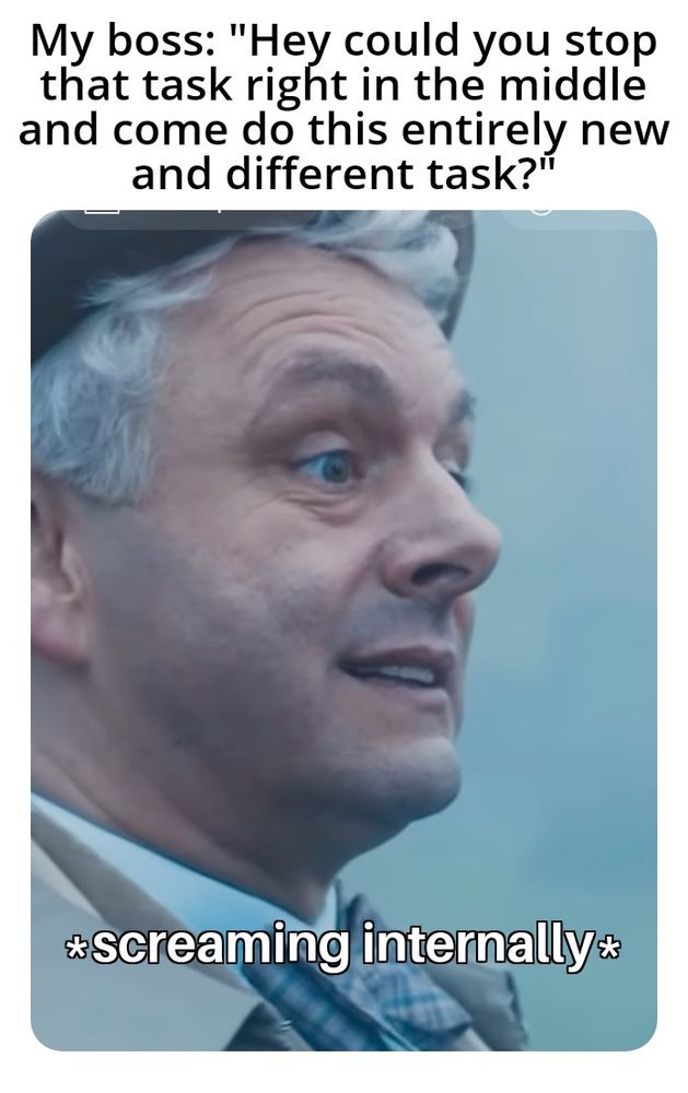 Screenshot of Aziraphale addressing the two thugs in the graveyard in season two of Good Omens, looking profoundly patient and only a bit smitey, with the words *screaming internally*. Caption above: My Boss: "Hey could you stop that task right in the middle and come do this entirely new and different task?"