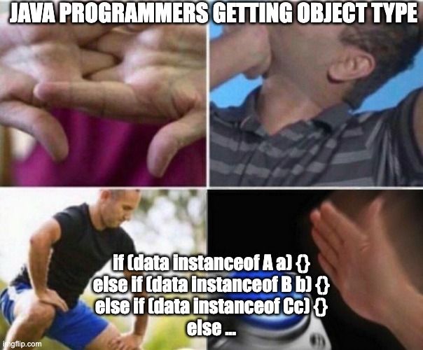 Java programmers getting Object type:

if (data instanceof A a) {}
else if (data instanceof B b) {}
else if (data instanceof C c) {}
else ...
