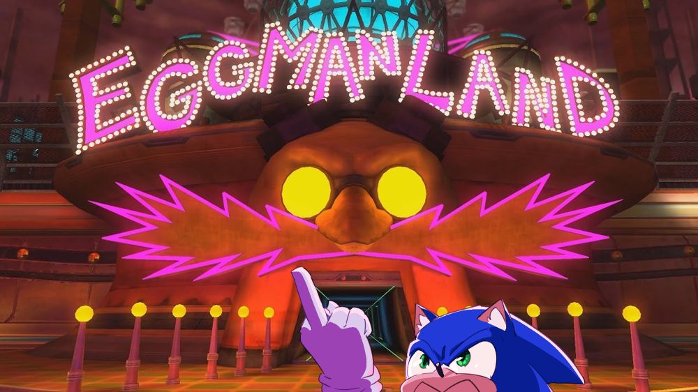 Sonic drawn by Zaryn Scribbles flipping off an in-game screenshot of Eggmanland