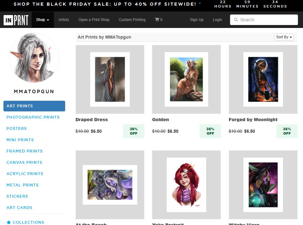 A screenshot of MMATopgun's INPRNT shop.