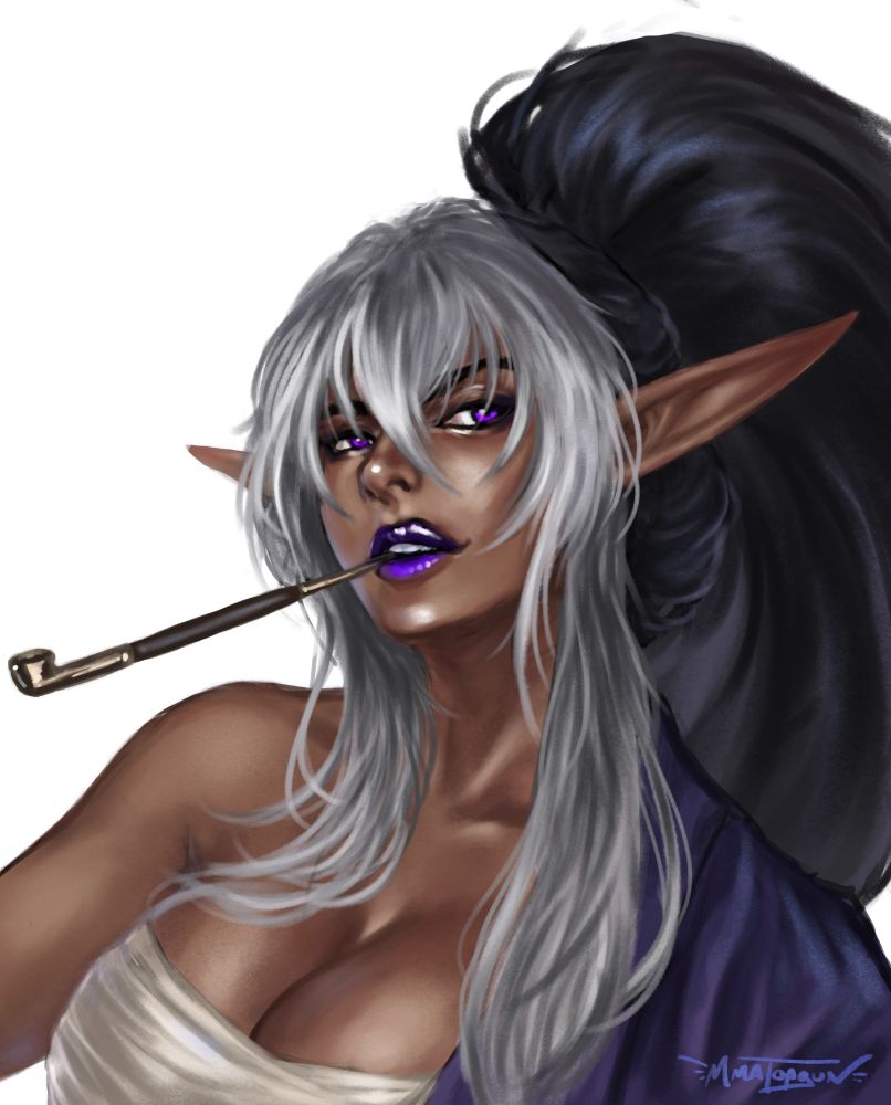 A portrait of an elven ronin, Arashi.  She has a slight smirk and is smoking a pipe.