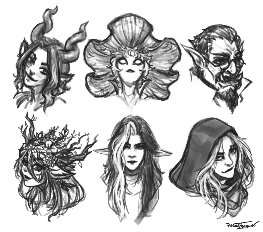 Six sketched portraits of a Daggerheart adventuring party.  A faun, fungril, orc, earthkin, and two elves