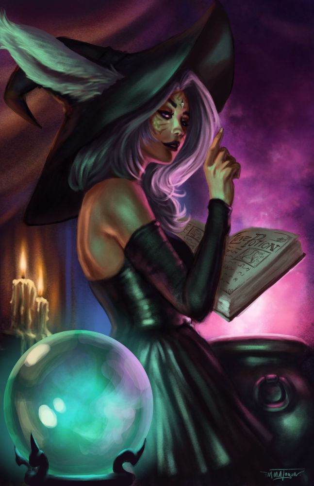 A viera woman dressed as a witch is brewing some sort of glowing pink concoction in a large caldron.  Her rabbit-like ear poke through the hat.  In the foreground there is a crystal ball giving off bright teal light and behind her there are two candles.  She glances over her shoulder looking at the viewer holding up a finger as if to indicate to keep what she's doing a secret.  In her other hand she holds a tome opened to a page that reads "Love Potion".