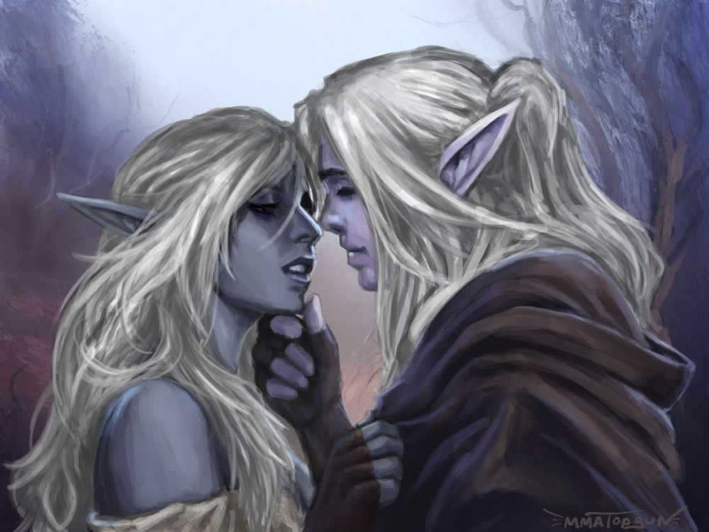 A drow woman, Nadia, and a moon elf man, Desmond, sharing a moment.   Desmond gently lifts her chin as if to steal a kiss, while her hand holds onto the front of his cloak.  The two are standing on a path in the woods during a chilly day in late fall.