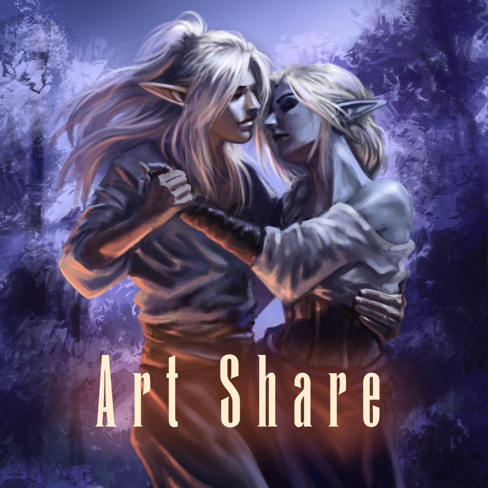 A drawing of two elves dancing with text that reads "Art Share"