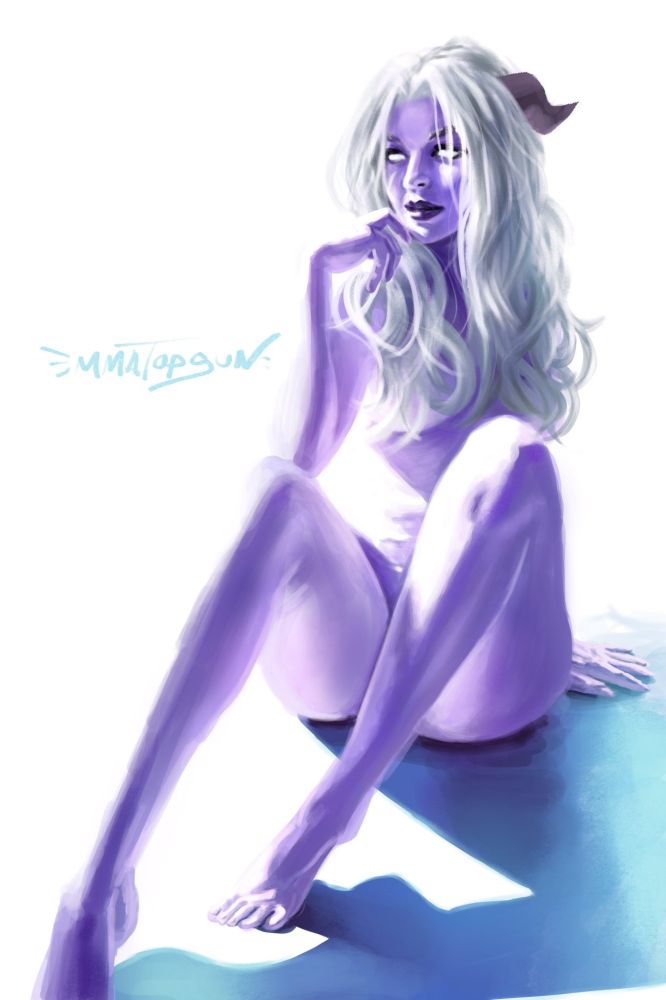 A digital painting of Aradani, a lavender skinned tiefling woman sitting on the ground bathed in a bright white light.  She is posing nude with her hair down.