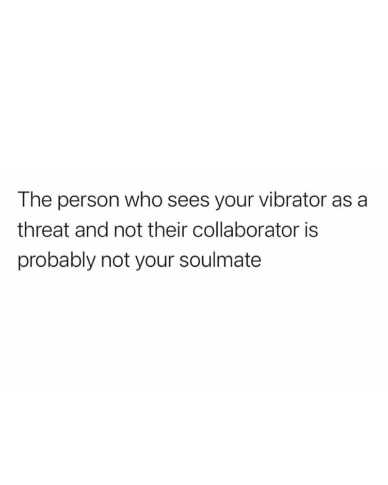 Frankie shares a meme that reads “the person who sees your vibrator as a threat and not their collaborator is probably not your soulmate” 