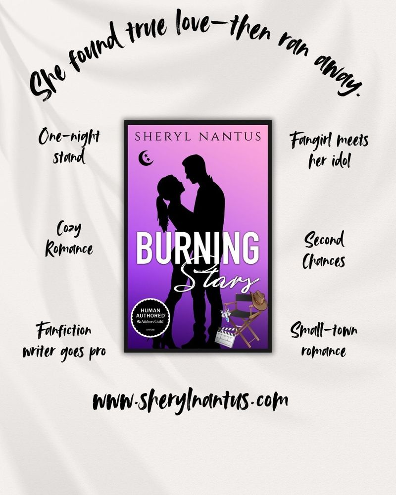 A book cover of a couple in silhouette embracing, with a film chair to one side. The chair has a cowboy hat and a toy spaceship on it.