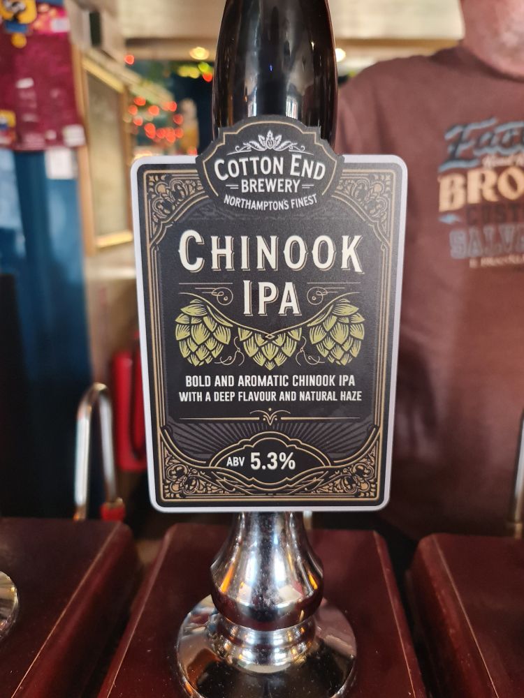 Pump clip for Chinook IPA beer, at the Pomfret Arms pub, Northampton.