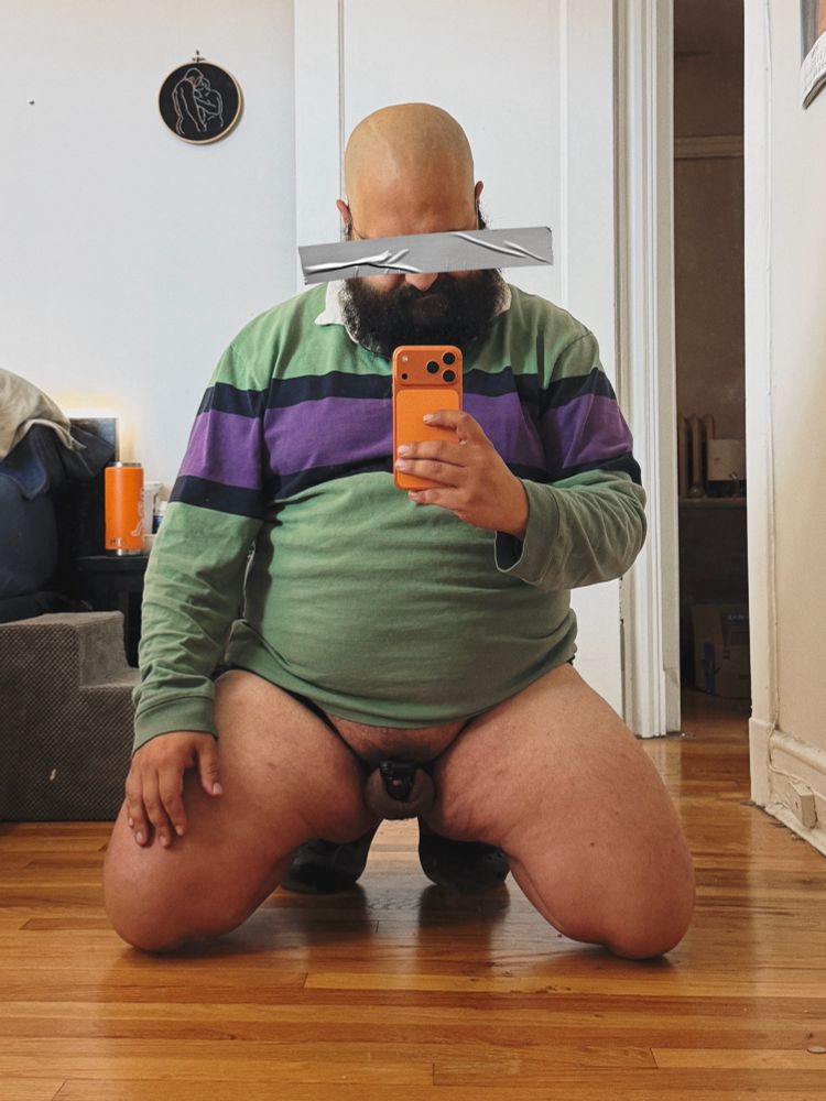 Me half naked (the bottom half) I’m locked in a chastity cage 