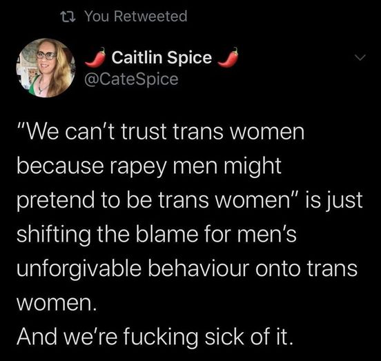 "We can't trust trans women because rapey men might pretend to be trans women" is just shifting the blame for men's unforgivable behavior on to trans women. And we're fucking sick of it. 