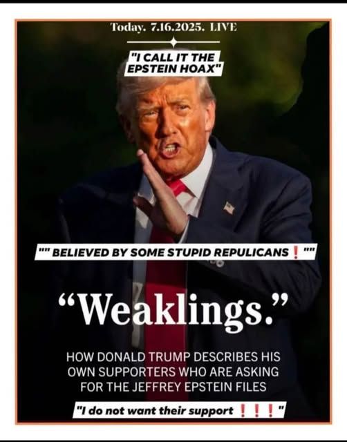 "I call it the Epstein Hoax" "Believed by some stupid Republicans!" "weaklings." 
How Donald Trump describes his own supporters who are asking for the Jeffrey Epstein files. 
"I do not want their support!!!" 