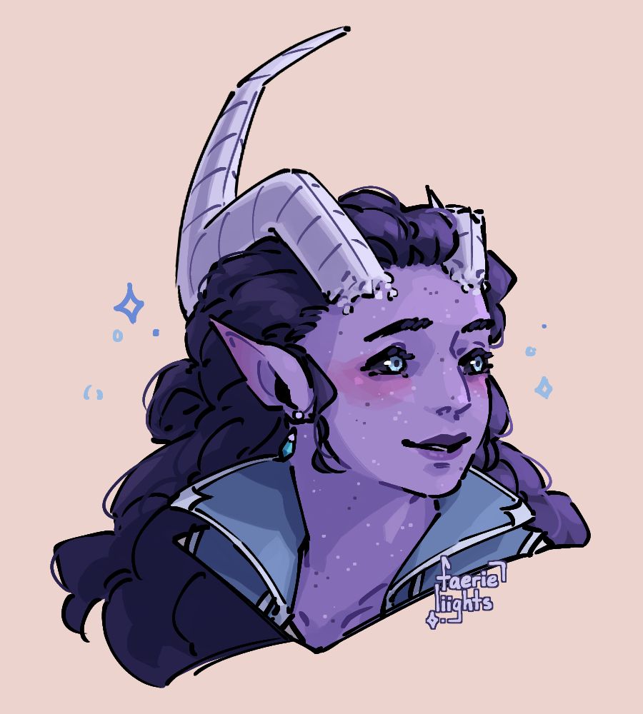 A headshot of Nimue, maezanilla's oc. She's smiling and looking off to the side.