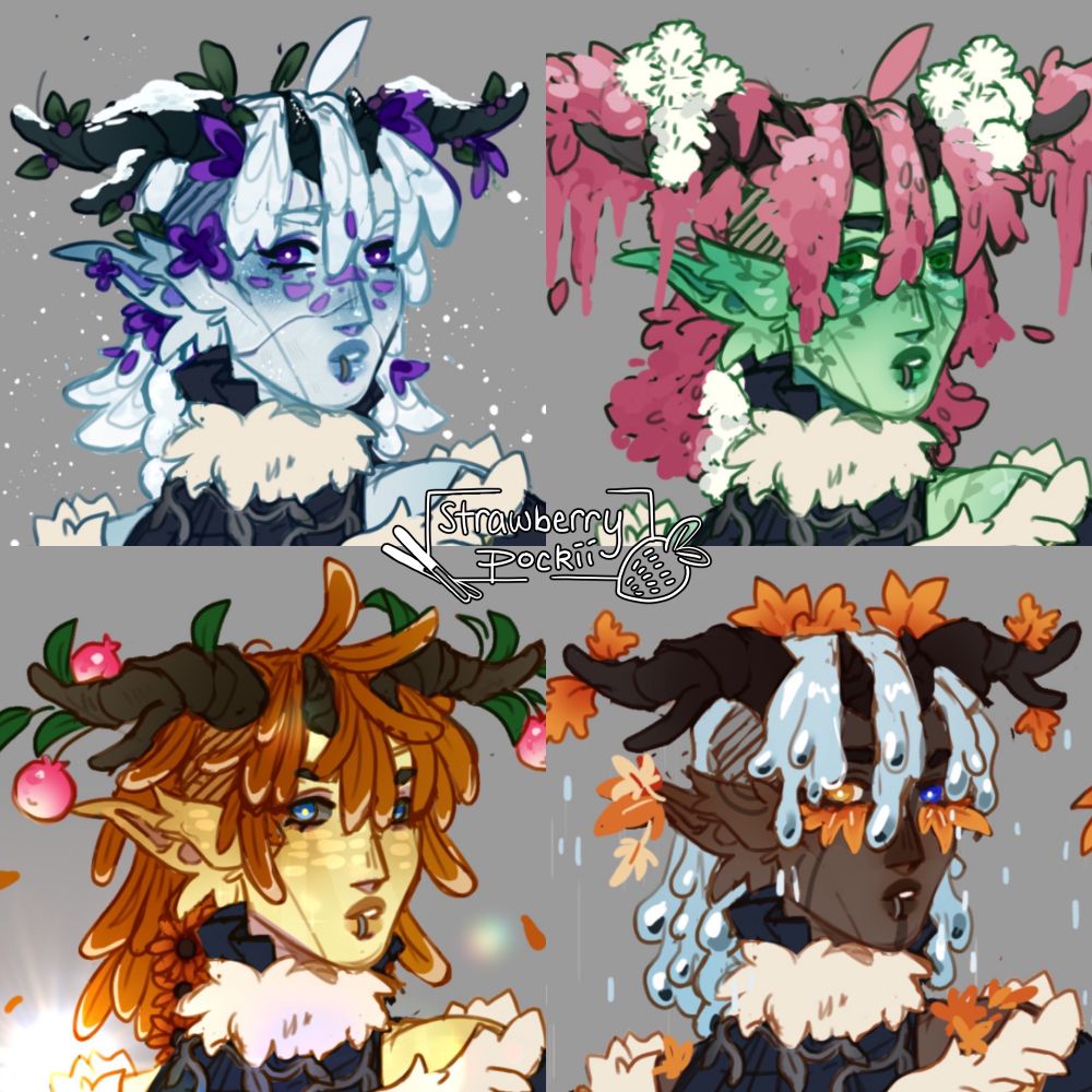 Four headshots of my character, Venus, drawn by strawberry-pockii. They're an eladrin, so each headshot is showcasing a different season their appearance changes to. From first to last, they're in winter; spring; summer; and autumn. The biggest difference between seasons is their hair, which is snow in winter, pink flowers in spring, orange flower petals in summer, and rainwater in autumn.