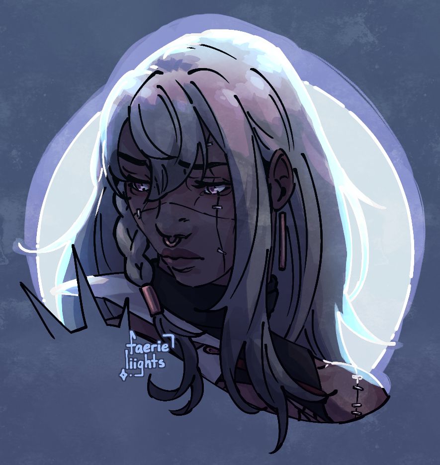 A headshot of Sen from Touchstarved, looking down and off to the side with a melancholy expression. She's framed by a bright blueish-white circle behind her, almost like a full moon, giving her bright rim lighting around her head.