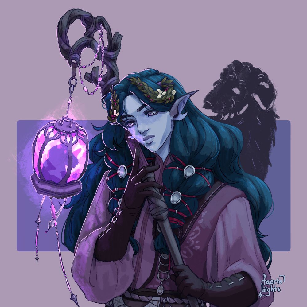 A half body of Cailean, magpiespy's oc. He's holding onto his staff and leaning against it while he looks distantly at nothing. A shadow of a dog is hovering behind his shoulder.