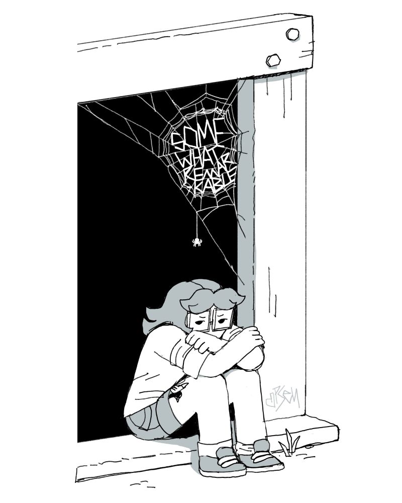 Emma sitting hunched over on a small wooden stoop, with her knees up and her arms folded. On the doorframe behind her, a spider has spun a web with the words “SOMEWHAT REMARKABLE” in it, ala Charlotte’s Web