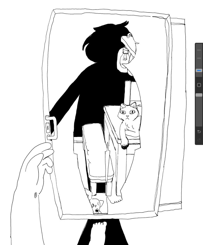 a sketch. First person view of someone stepping toward a sliding glass door and reaching for the handle. Their shadow falls over the door hiding the glare in the shape of their silhouette, through which they can see their kitchen table and two cats. 