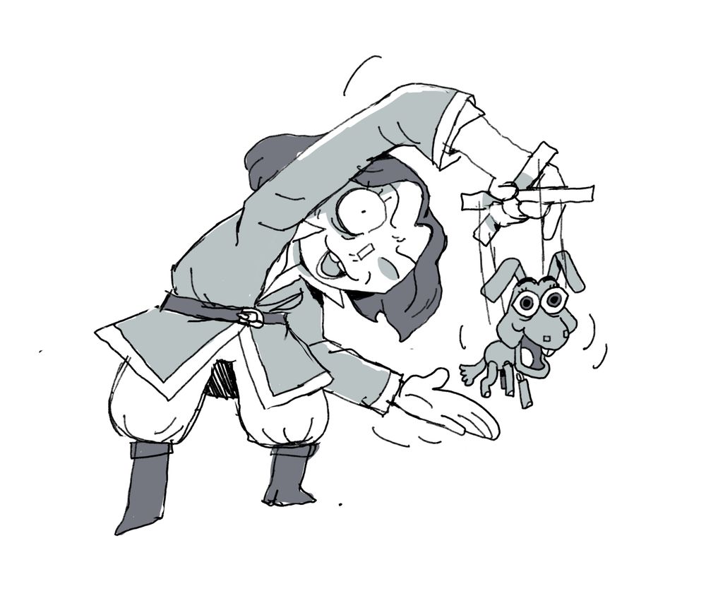 A sketch of Cesare from Big Top Burger hocking his wares — here, a donkey marionette with “kind eyes”