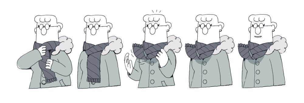 Dilbert, now with slightly longer hair, eyeliner, and earrings, is putting on a scarf. After wrapping it around her neck, it springs up like her tie did in the comics. She smiles, her mouth visible for the first time. 