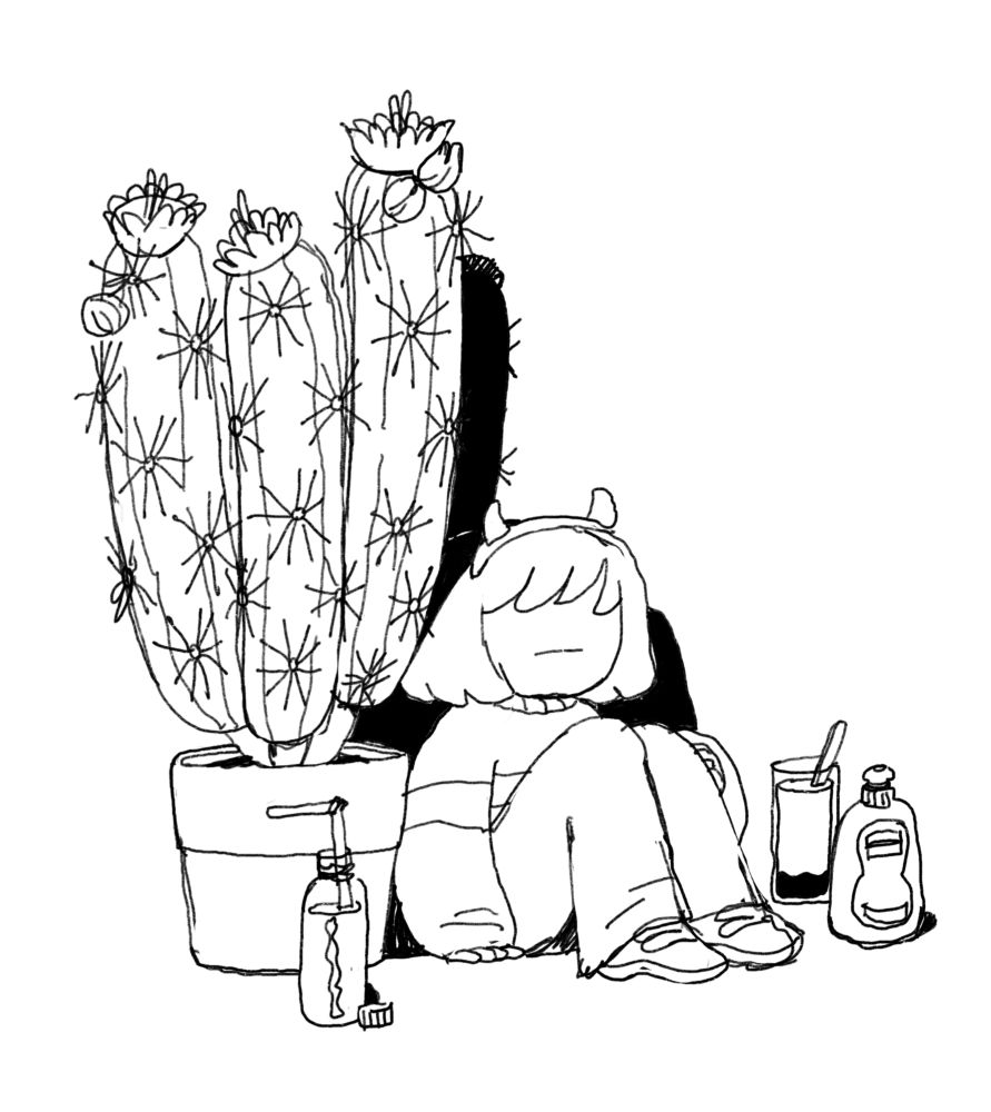 A sketch of Kris from Deltarune sitting next to the cactus from their upstairs hallway. Kris is wearing their horned headband.