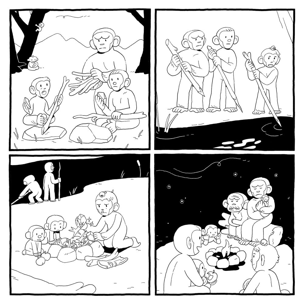 Our primate demonstrates some things they learned to the other primates. Tool-making, fishing, fire-starting. The primates sit around a small fire peacefully.