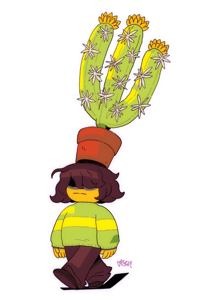Kris from Deltarune walking with a cactus balanced on their head. 