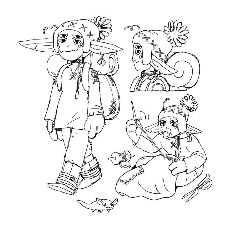 sketches of a hearthian from Outer Wilds. They are wearing a knit cap. 