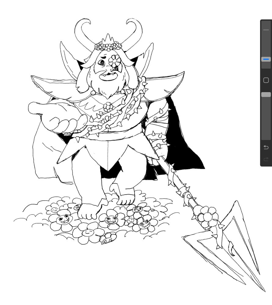 Asgore in his armor from the end of Undertale, but tangled up in thorny vines. He holds his hand out to you with a cautious smile. Underfoot is a patch of golden flowers, each with a distorted face of his family members. 