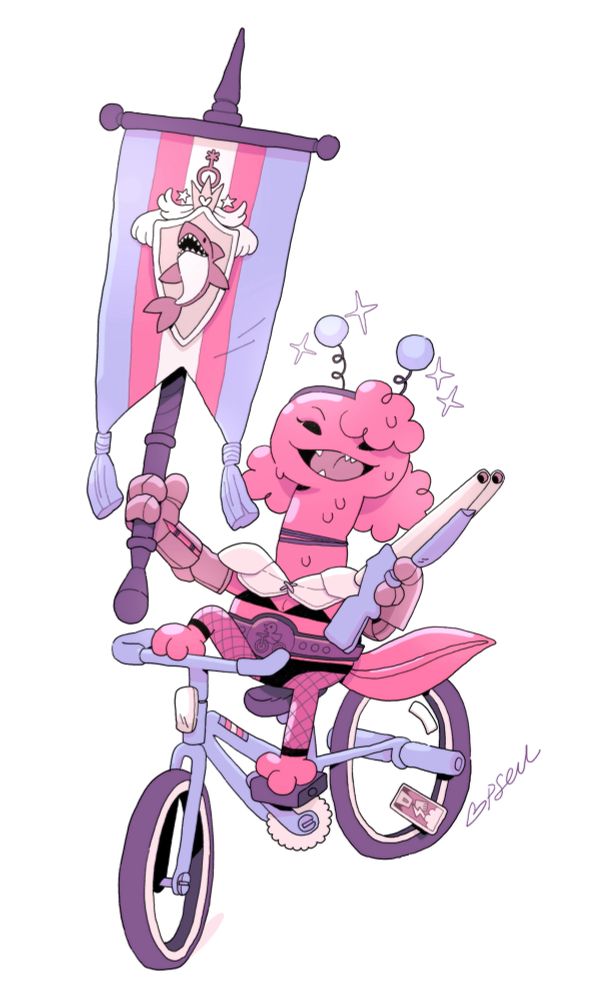 A drawing of Stephiroth, riding a bicycle. She is wearing a headband with antennae, football shoulderpads, and fishnets over her underwear. She is carrying a banner with typical transgender heraldry. Also a shotgun.