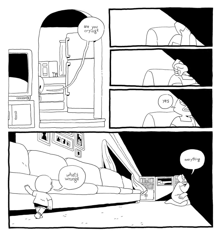 a comic. panel 1: spatzle, a duckling, peeks through a doorway. “Are you crying?” she says. panels 2-4: her mother, sitting mostly shrouded in darkness, wipes her eyes and says, “yes.” panel 5: Spätzle approaches her. She is tiny while her mother looms large, huddled in the darkened corner. “What’s wrong,” Spätzle asks. Her mother says, “everything.”