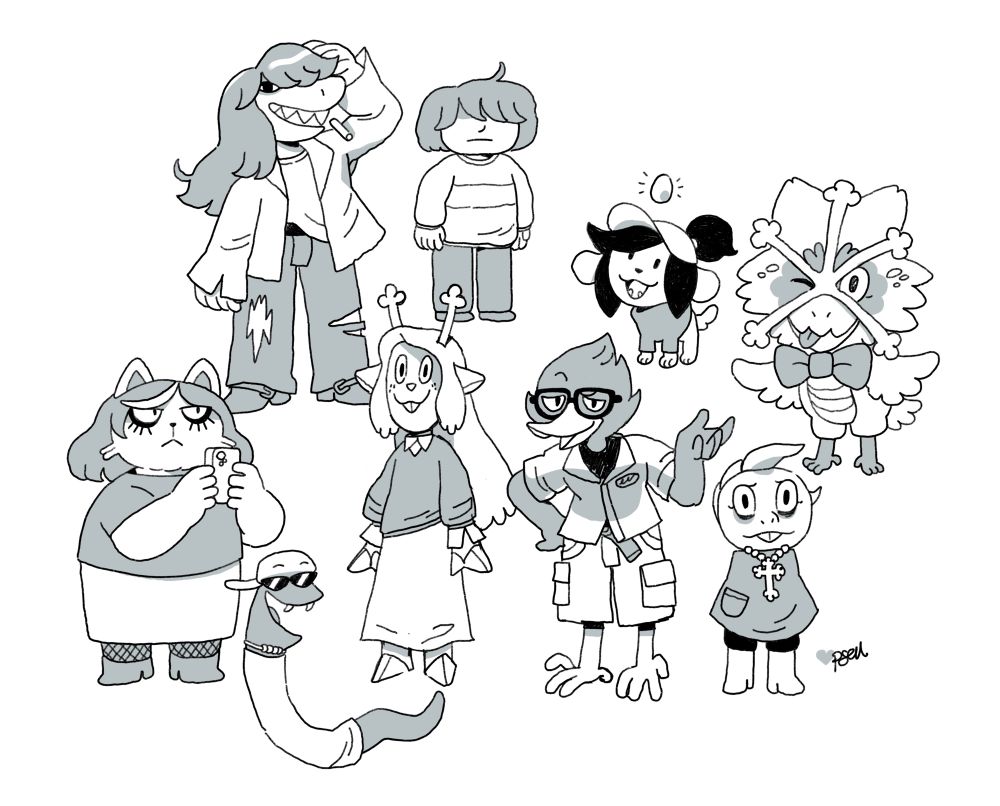 A sketch of Kris and their classmates from Deltarune - Susie, Tenmie, Snowy, Catti, Jockington, Noelle, Berdly, and Monster Kid