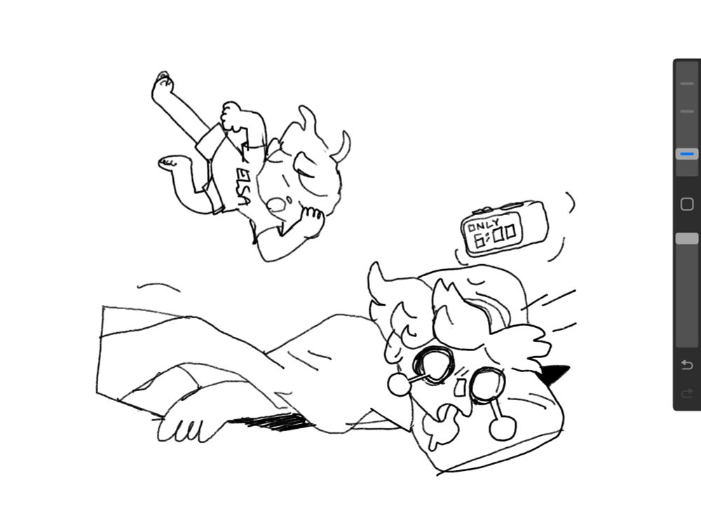 the goose doing a diving elbow drop directly onto her formerly sleeping mother’s spine. A digital clock (tossed into the air by the impact) reads “only 6:00”