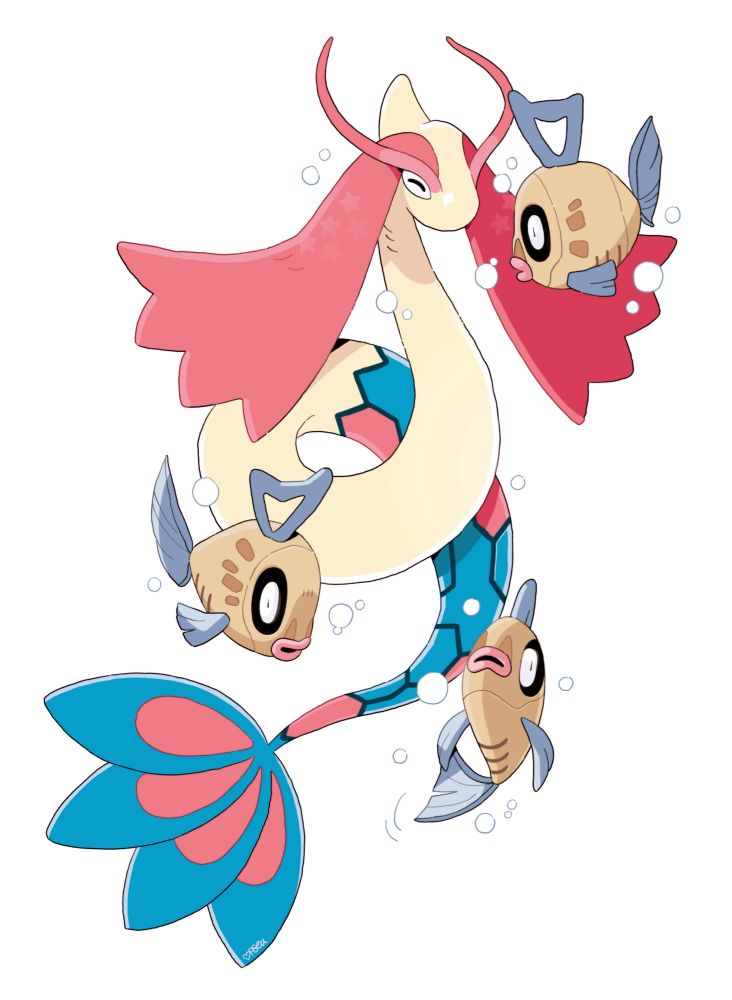A drawing of the water pokémon Milotic with three Feebas