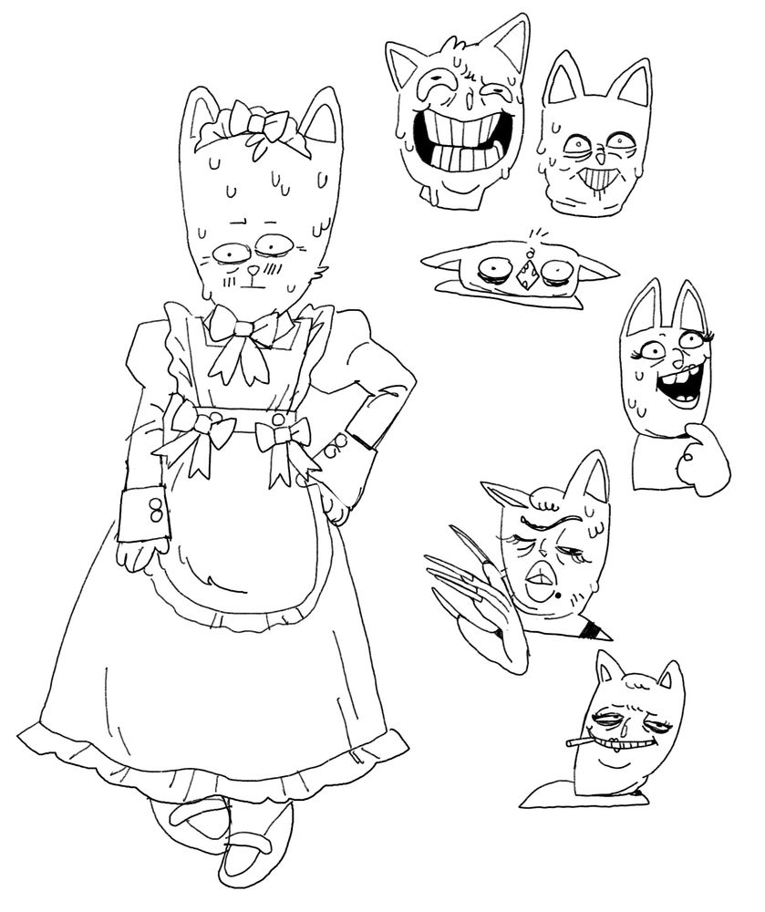 sketches of the character Burgerpants (aka Pizzapants) from Undertale and Deltarune. Making various facial expressions and, for some reason, wearing a maid dress