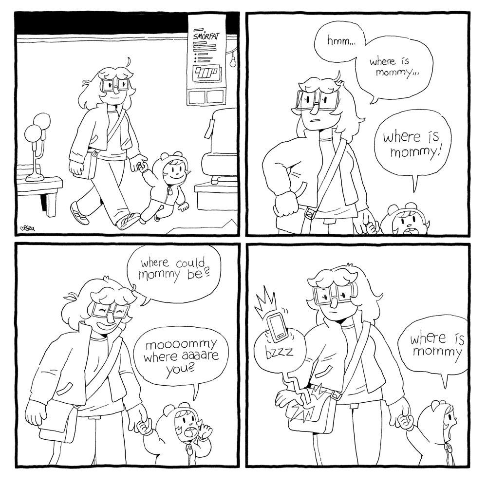 A comic. Emma and the goose are holding hands walking through an Ikea. Emma says absently, “hmm… where is mommy…”Goose, echoes: “where is mommy!”Emma, more animated, “where could mommy be?” Goose, calling out, “moooooommy where aaaaaaare you?” Emma gets a text message while Goosie continues to call out.