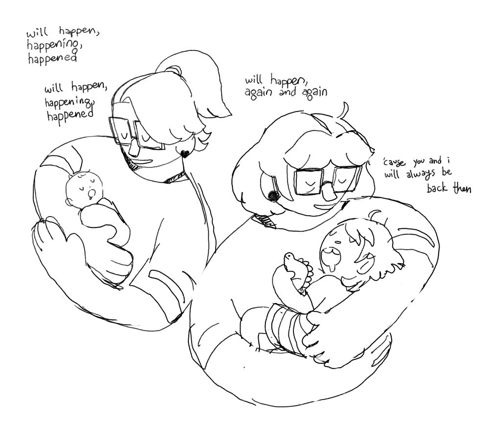 two sketches of Emma holding Goosie, one as a newborn and the other from today (as a 3yo). Emma is singing “Time Adventure.”